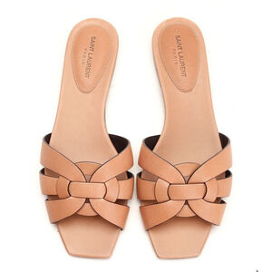 Saint Laurent YSL Tribute Nu Pieds 05 Corda Beige Leather Slide Sandal Flat 39.5